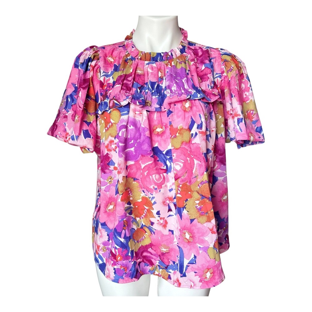 Periwinkle Collection Women's Size Small Pink Floral Puff Sleeve Ruffle Blouse